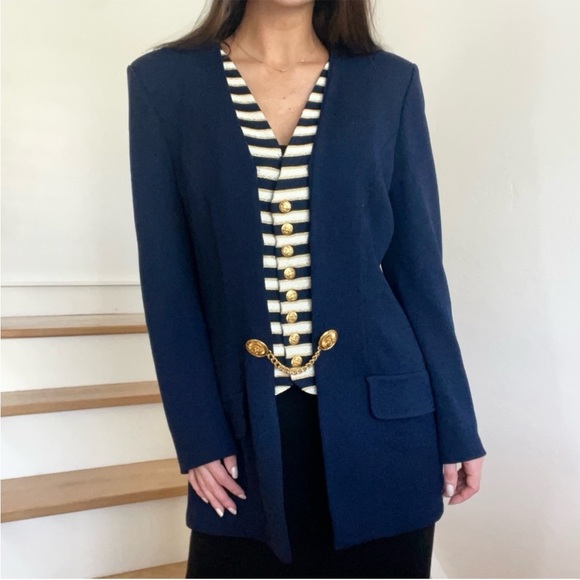 St. John Nautical Santana Knit Navy Blue Striped Vest Chain Blazer Jacket 6 Wool - Picture 2 of 9